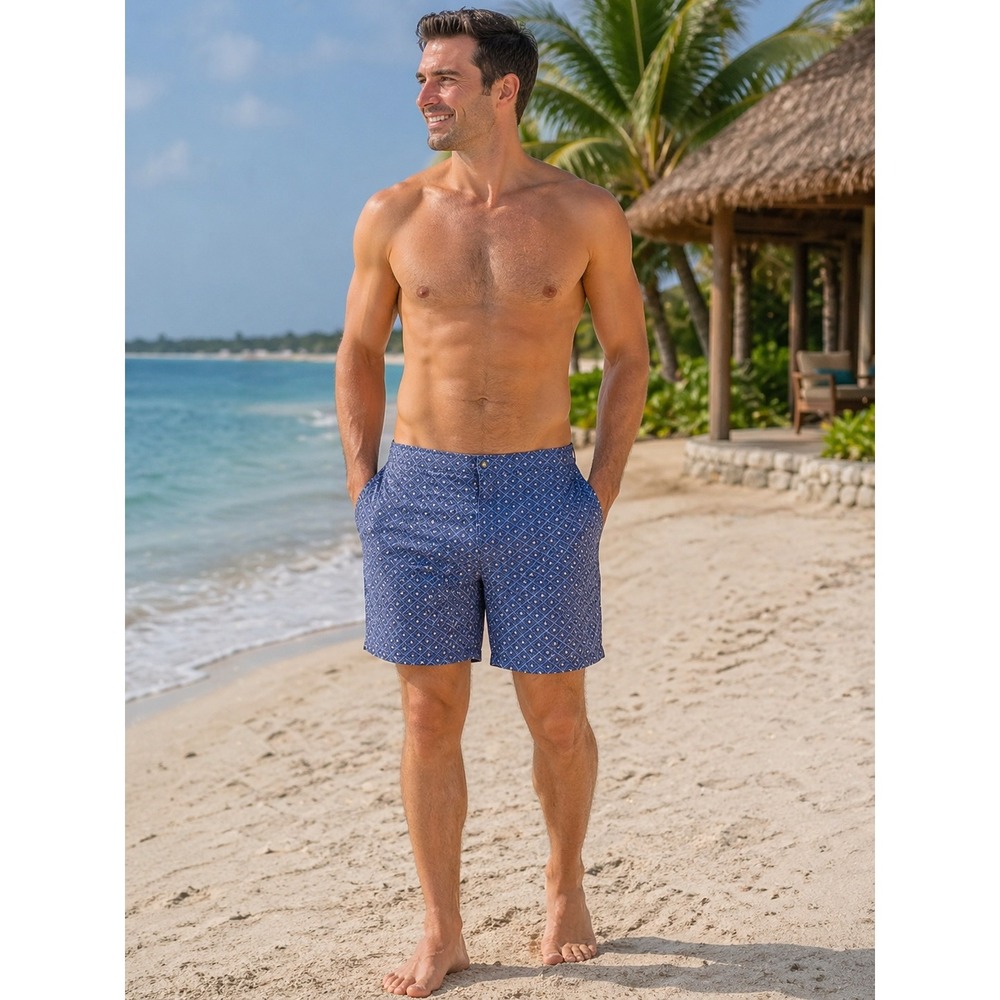Classic Coastal Preppy Resort Ready Lands End 2XL Blue Geometric Board Shorts‎